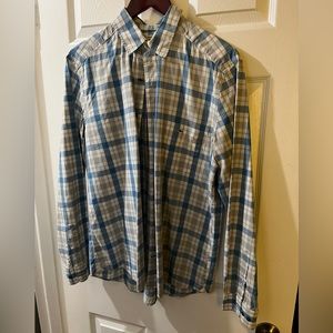 Lacoste mens 42 modern fit blue white plaid long sleeve button down shirt EUC